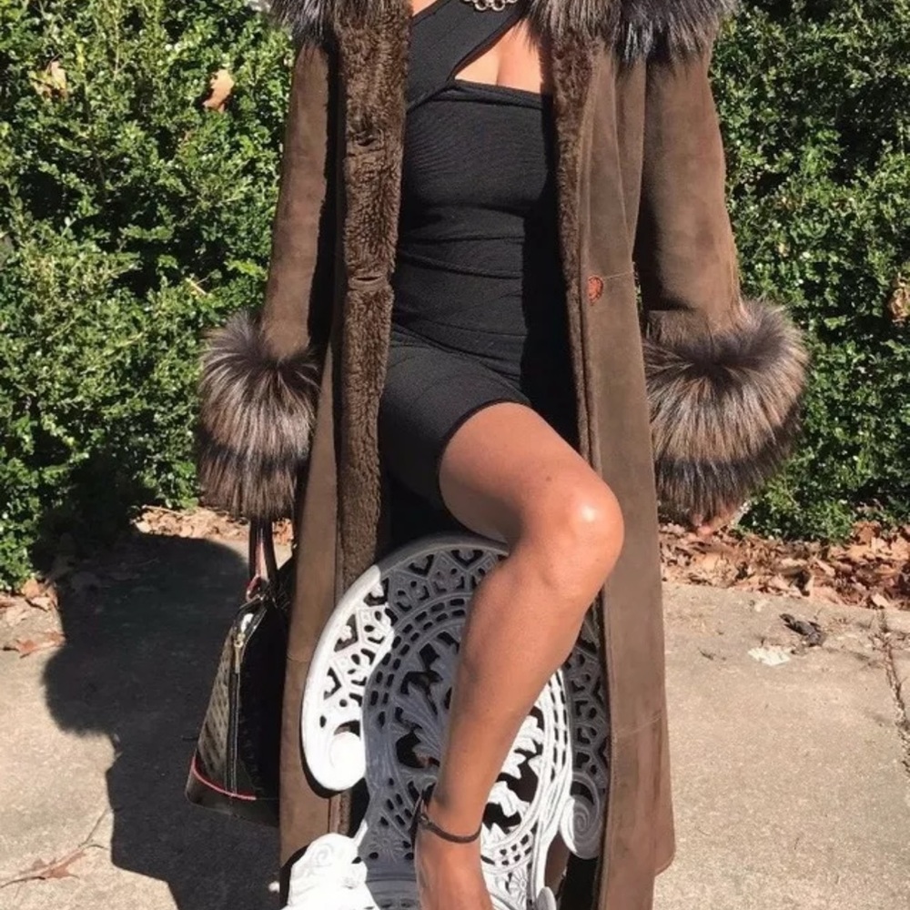Mint Designer Full length Sable brown Shearling & Yellow tip Fox Fur Coat S 0-4 - Picture 16 of 16